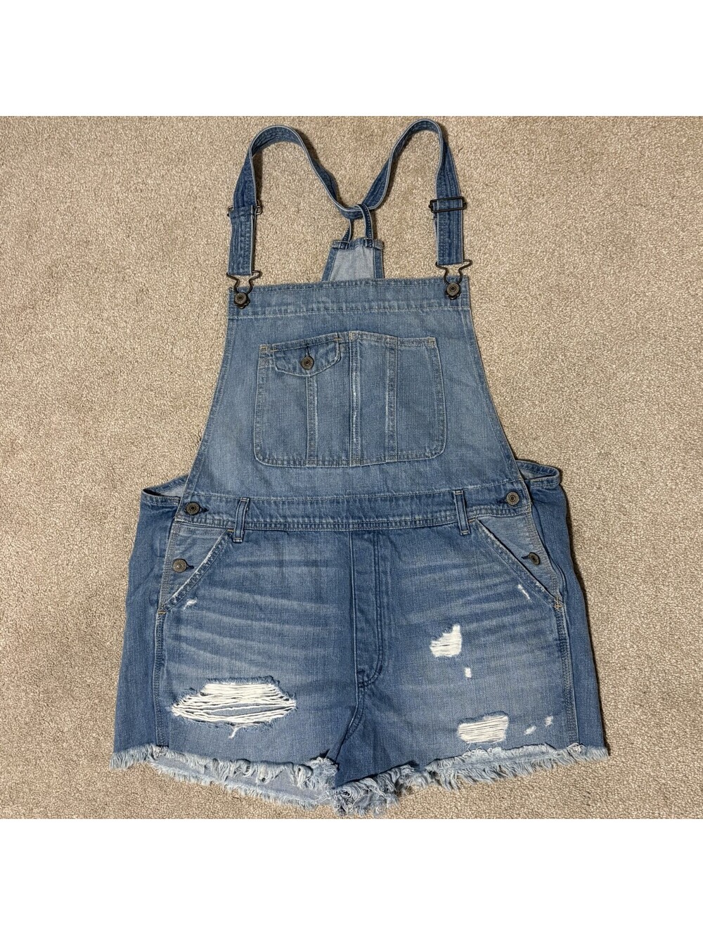 Abercrombie Fitch Womens XL Shortalls Blue Denim Distressed Raw Hem Overalls